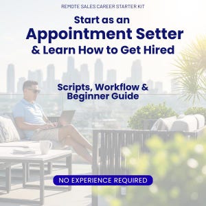 Puede incluir: Imagen que promociona una carrera de ventas remotas. El texto dice: "Comienza como Appointment Setter y aprende a conseguir un trabajo". Incluye "Scripts, Workflow & Beginner Guide". También está presente la frase "NO EXPERIENCE REQUIRED". Una persona usa una computadora portátil.