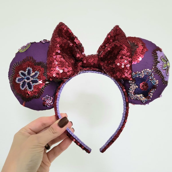 Embroidered Minnie Mouse Ears Headband, Floral Minnie Ears, Bridal Disney Ears, Flower Headpiece, Flower & Garden Festival Ears, Purples