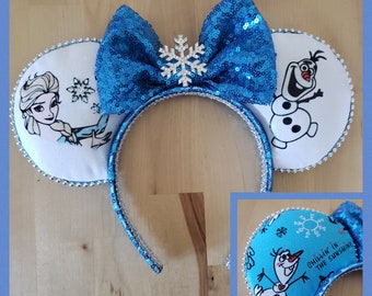 Frozen Minnie Mouse Ears Headband, Olaf Ears, Disney Elsa Ears, Ready to Ship, Handmade Fabric, Unique Disney Headband, OOAK Gift, Princess