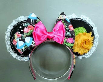 Alice in Wonderland Minnie Mouse Ears Headband, Shabby Chic, Golden Afternoon Flowers, Floral Ears, Ready to Ship, Whimsical, OOAK Ears, RTS