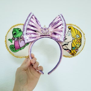 Rapunzel Minnie Mouse Ears Headband, Pascal Ears, Disney Princess Ears, Ready to Ship, Handmade Fabric, Unique Disney Headband, OOAK Gift