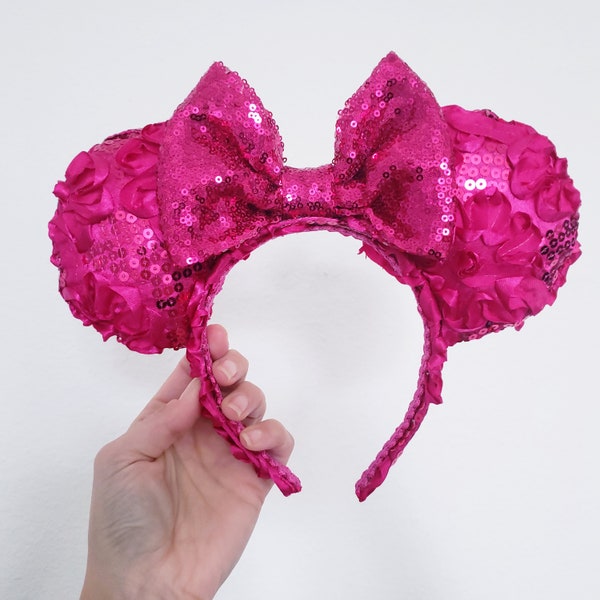 Barbie Pink Minnie Mouse Ears Headband, Hot Pink Minnie Ears, Bridal Disney Ears, Flower Headpiece, Disney Flower & Garden Festival Ears