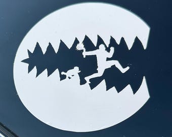 May include: White silhouette of a person jumping with a dog, inside a white circle with jagged edges, against a dark blue background. The design resembles a person escaping a monster's mouth. The image is a graphic illustration.