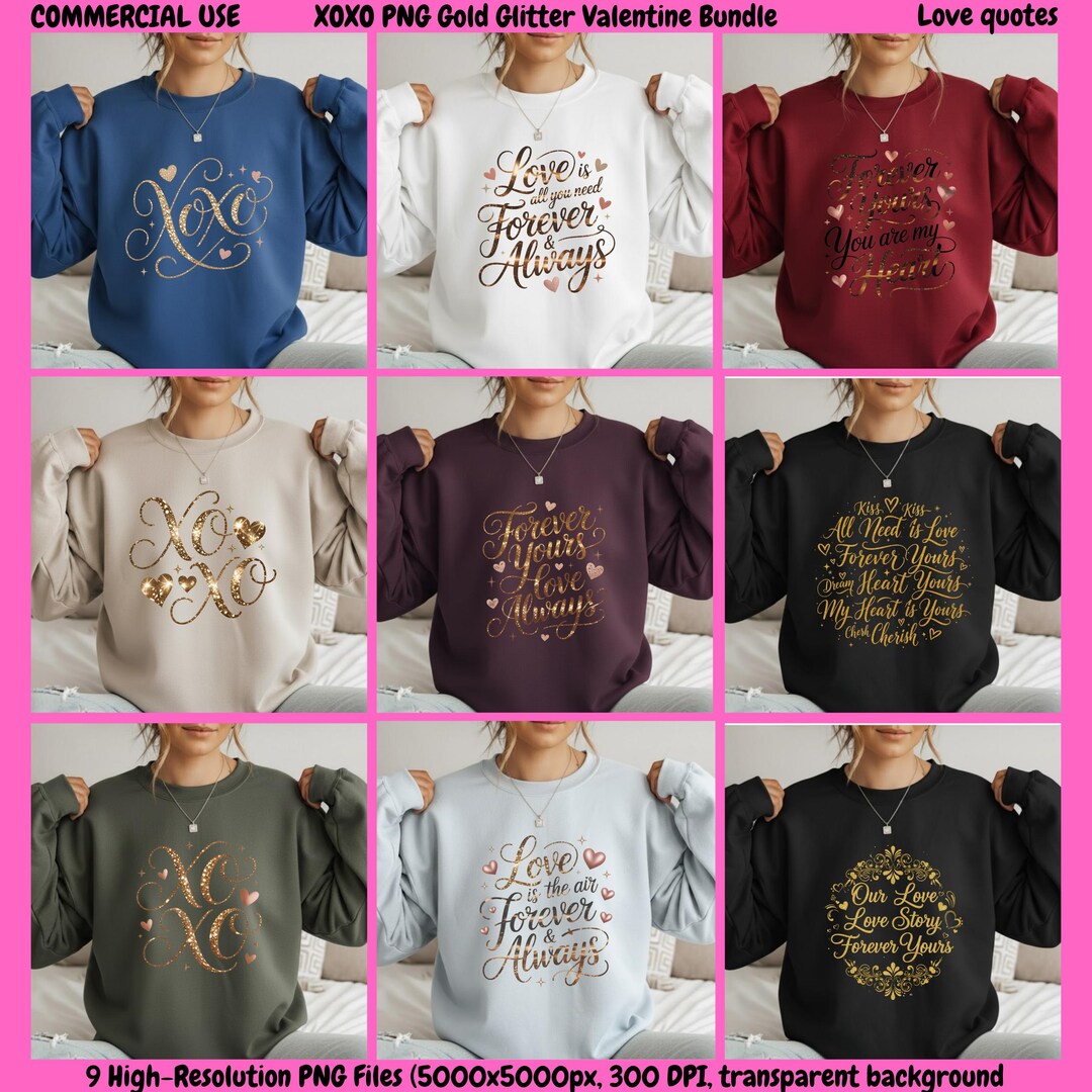 XOXO PNG SVG Gold Glitter Valentine Bundle Design| Romantic Love Quotes ...