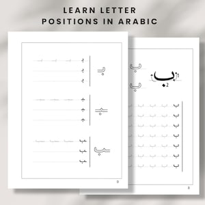 May include: Two open pages of a workbook with Arabic script practice. The text "LEARN LETTER POSITIONS IN ARABIC" is at the top. The pages feature lines and dots for writing practice, with Arabic letters and numbers.