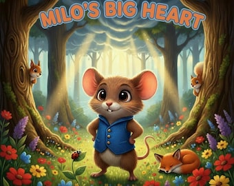 May include: A children's book cover featuring a cartoon mouse wearing a blue vest, standing in a colorful forest scene. The title "Milo's Big Heart" arches above the mouse. Squirrels peek from behind trees, and a sleeping fox rests nearby.