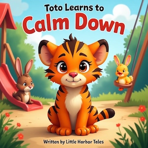 Può includere: Copertina di un libro per bambini con una tigre dei cartoni animati a strisce arancioni e nere, e il titolo "Toto Impara a Calmare" in rosso. Sono presenti anche due conigli dei cartoni animati, uno su uno scivolo e uno su un'altalena. L'autore è "Little Harbor Tales."