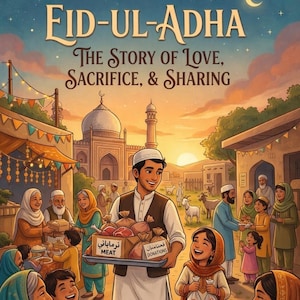 Könnte beinhalten: Illustration für Eid-ul-Adha, die eine Gemeinschaft beim Teilen von Essen und Spenden zeigt. Das Bild zeigt einen Mann, der ein Tablett mit Fleisch und Spenden trägt, mit dem Text "Eid-ul-Adha: The Story of Love, Sacrifice, & Sharing."