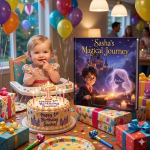 May include: A child's first birthday celebration with a cake, gifts, and balloons. The cake reads "Happy 1st Birthday Sasha!" and has a number one candle. A book titled "Sasha's Magical Journey" is also present.