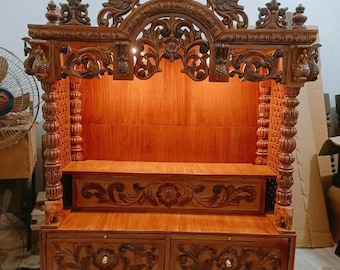 Hand Carved Teakwood Mandir, Solid Wooden Temple for Home