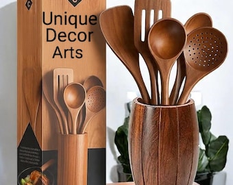 Handcrafted Wooden Kitchen Utensil Set with Barrel Holder