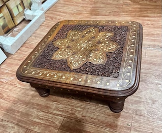 Handmade Hand Carved Wooden Stool Chowki | Boho Pooja Stand, Side Table All Parpass Usde