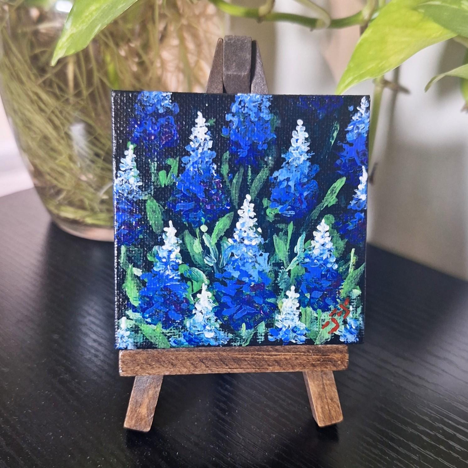 Hand-Painted Bluebonnets Mini Canvas * 3x3 Texas Wildflower Acrylic Art