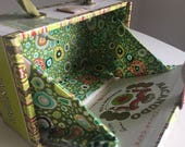 Cocktail Cigar Box Purse in Green, White and Gold with custom fabric lining in a Wild Print w Sewn Ribbon Handle