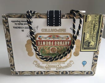 Cigar Box Purse Blanc, Noir et Or avec doublure en tissu personnalisée en imprimé guépard