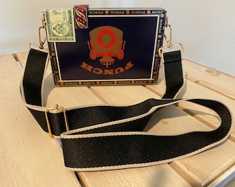 Navy Cigar Purse, CROSSBODY hardware with custom fabric lining