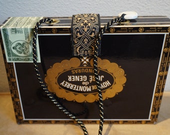 Fancy Black Cigar Box Shoulder Purse with cord handle and fabric lining