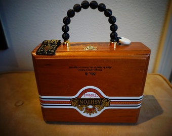 Wood Cigar Purse w Black Red White labeling, Black Bead handle with Red Check fabric lining