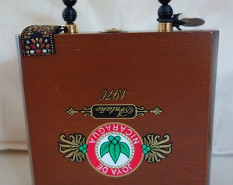 Wood Purse, Red Green Logo Cigar Box with Polka Dot fabric lining