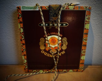 Brown THIN Cigar Box Purse with cord shoulder strap and custom fabric lining