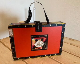 Red Cigar Box Purse with Black trim and custom fabric lining in black white check print