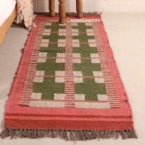 Handwoven Geometric Runner Rug | Vintage Style Kilim Carpet | Red & Green Wool Bedside Rug | Boho Farmhouse Floor Decor
