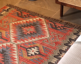 Alfombra Kilim Vintage de Lana y Yute – Dhurrie India Tejida a Mano, Alfombra Tradicional de Tamaño Personalizado