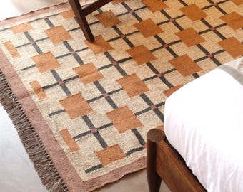 Wool Jute Kilim Rug, Handwoven Flatweave Boho Rug, Natural Area Rug, Farmhouse Living Room Décor, Bohemian kilim Rug, Kilim Dhurrie Rug
