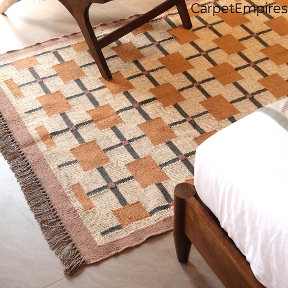 Wool Jute Kilim Rug, Handwoven Flatweave Boho Rug, Natural Area Rug, Farmhouse Living Room Décor, Bohemian kilim Rug, Kilim Dhurrie Rug