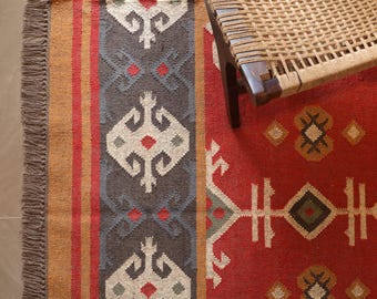 Handwoven Wool Jute Kilim Rug, Wool Jute Rug, Kilim Jute Rug, Flatweave Rug, Bohemian Rug, Indian Dhurrie Rug, Navajo Kilim Rug, Custom Rug