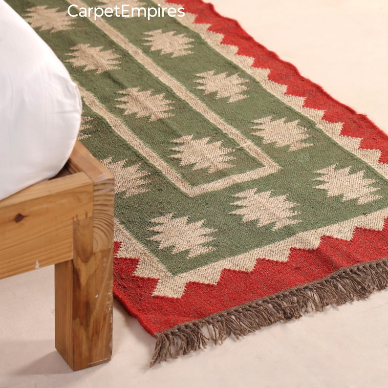 Bieżnik schodowy Kilim - ręcznie robiony dywan w stylu boho z wełny i juty do przedpokoju, dywan na schody zewnętrzne, duży dywan w stylu boho w kolorze zielono-czerwonym - wystrój świąteczny zdjęcie 4