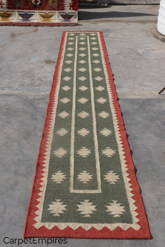 Kilim stair runner - Vintage handmade wool & jute boho hallway carpet, outdoor staircase rug, large boho Green Red rug - Christmas Decor