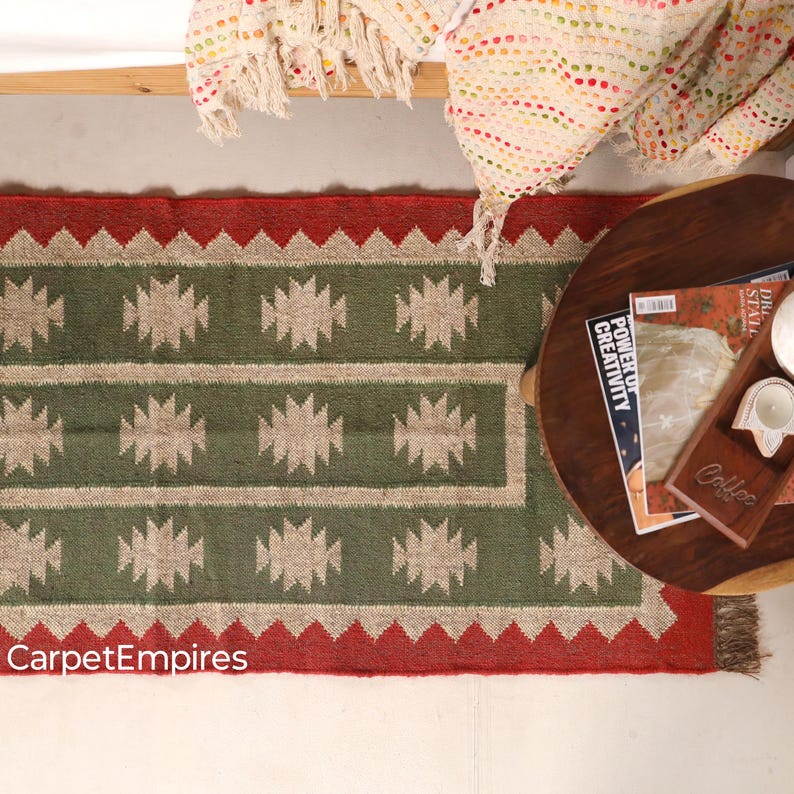 Bieżnik schodowy Kilim - ręcznie robiony dywan w stylu boho z wełny i juty do przedpokoju, dywan na schody zewnętrzne, duży dywan w stylu boho w kolorze zielono-czerwonym - wystrój świąteczny zdjęcie 5