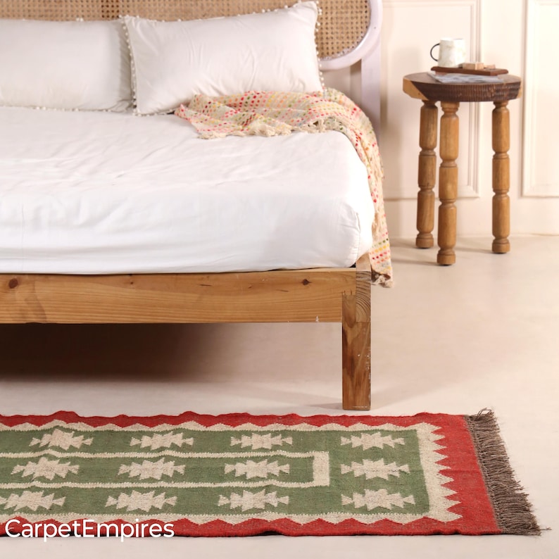 Bieżnik schodowy Kilim - ręcznie robiony dywan w stylu boho z wełny i juty do przedpokoju, dywan na schody zewnętrzne, duży dywan w stylu boho w kolorze zielono-czerwonym - wystrój świąteczny zdjęcie 13