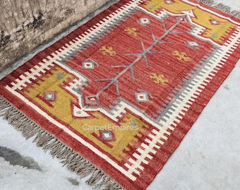 Handwoven Wool Flatweave Rug - Wool and Jute Rug in Red Color, Kilim Rug, Handwoven, Wool and Jute Rug Handmade, Kilim Dhurrie Rug