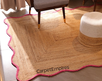 Alfombra de yute festoneada, alfombra festoneada de todos los colores, alfombra con borde ondulado, alfombra de yute natural, felpudo, alfombra trenzada a mano, alfombra bohemia de tamaño personalizado, alfombra decorativa