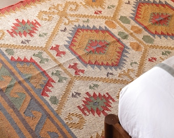 Alfombra Kilim, tejida a mano, alfombra de lana y yute hecha a mano, alfombra Kilim Dhurrie, alfombra tradicional de la zona de yute indio