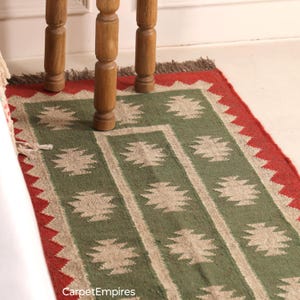 Bieżnik schodowy Kilim - ręcznie robiony dywan w stylu boho z wełny i juty do przedpokoju, dywan na schody zewnętrzne, duży dywan w stylu boho w kolorze zielono-czerwonym - wystrój świąteczny zdjęcie 2