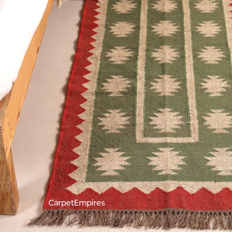 Bieżnik schodowy Kilim - ręcznie robiony dywan w stylu boho z wełny i juty do przedpokoju, dywan na schody zewnętrzne, duży dywan w stylu boho w kolorze zielono-czerwonym - wystrój świąteczny zdjęcie 9