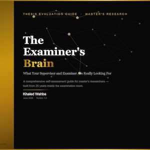 May include: A black and gold book cover titled The Examiner's Brain: What Your Supervisor and Examiner Are Really Looking For by Khaled Wahba. The design features a network of connected dots and lines on a black background with gold accents.