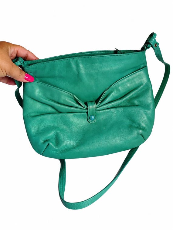 Vintage Green Leather Crossbody Bag Turquoise Teal  Shoulder Bag Soft Leather Purse 90s Y2K Minimalist Bag