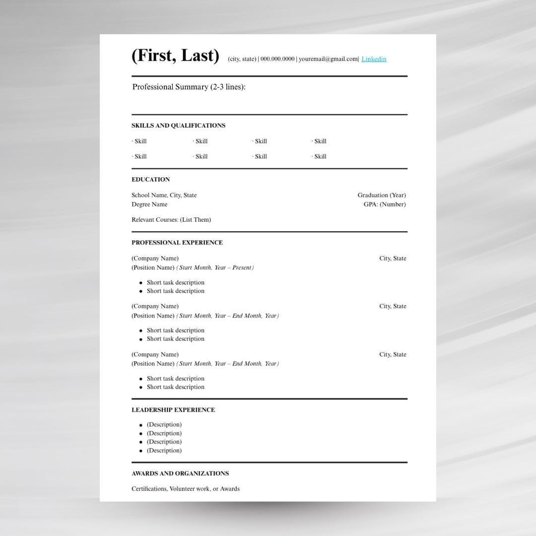 Single Page Resume Template | Ats-friendly CV | Minimalist Professional ...