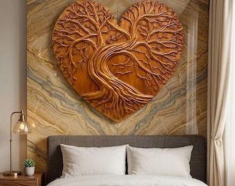 Plaque murale en bois sculptée à la main représentant l'Arbre de Vie, décoration murale rustique en forme de cœur