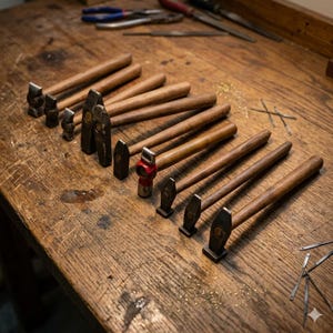 Juego de 10 martillos de hierro negro con mango de madera para forja de alta resistencia.