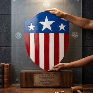 May include: A hand-painted shield with a blue top section featuring three white stars, and red and white stripes below. The shield rests on a wooden base with a brass plaque that reads "HERO'S LEGACY - Hand-Painted Tribute - Shield of Justice".