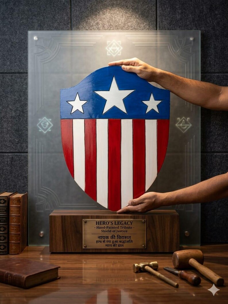 May include: A hand-painted shield with a blue top section featuring three white stars, and red and white stripes below. The shield rests on a wooden base with a brass plaque that reads "HERO'S LEGACY - Hand-Painted Tribute - Shield of Justice".