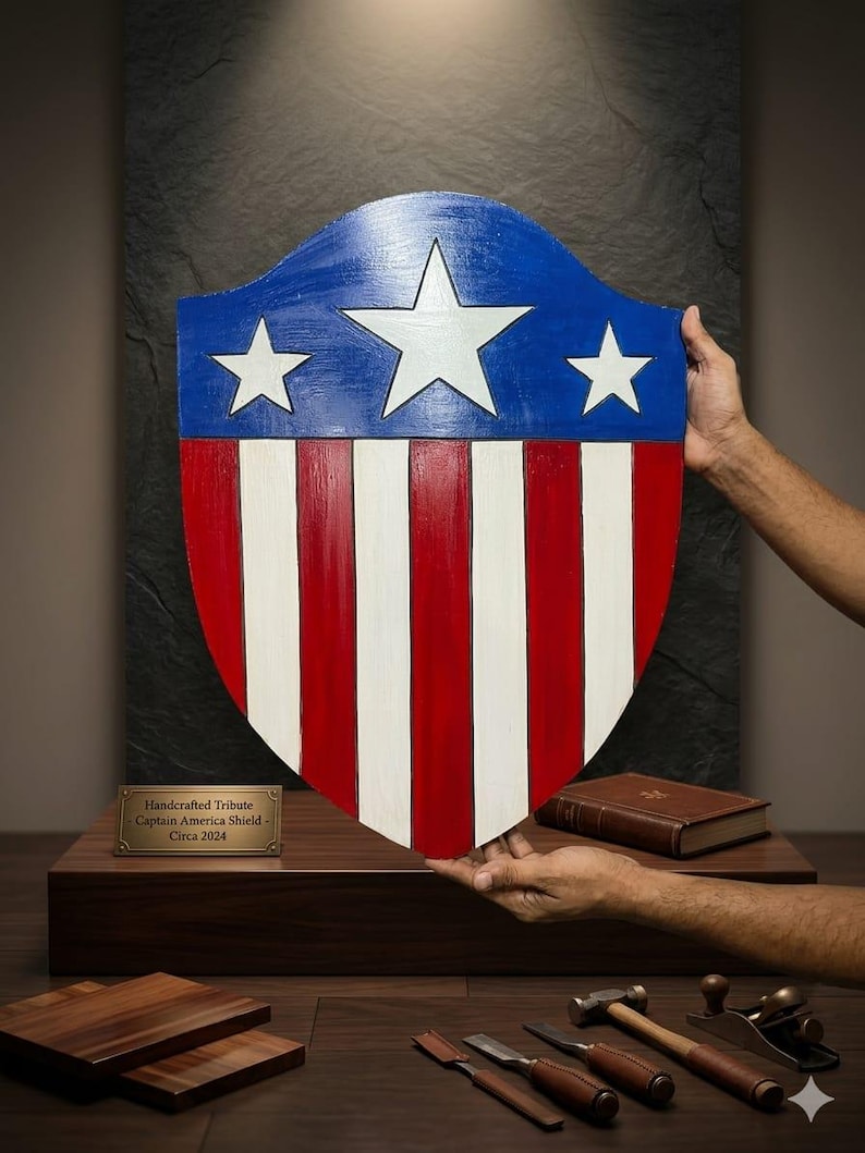 May include: A handcrafted Captain America shield tribute, circa 2024. The shield features a blue top with three white stars and red and white stripes. The shield is held up by two hands.