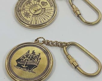 Calendrier perpétuel nautique sur 100 ans et porte-clés horloge mondiale en laiton, finition laiton, 7,6 cm (3 pouces)
