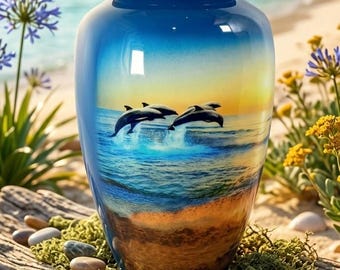 Divine Blue Ocean Dancing Dolphin Cremation Urn for Human Ashes Adult Female for Funeral, Burial & Home, 10X6 inches