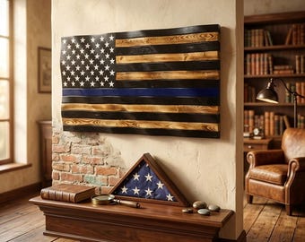 Drapeau américain rustique en bois fait main – Décoration murale à étoiles bleues et blanches
